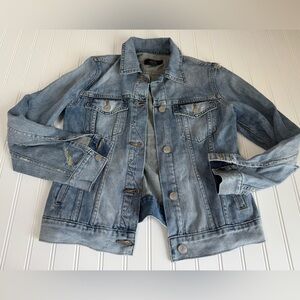 J.Crew Indigo Denim Jacket Small Womens Blue Jean Trucker Distressed. 1010